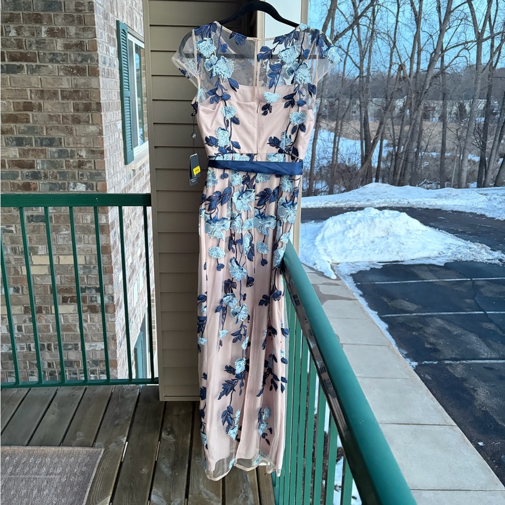🆕 Adrianna Papell Nude & Blue Embroidered Mesh Gown Floral Column Dress Size 4 - Picture 5 of 17
